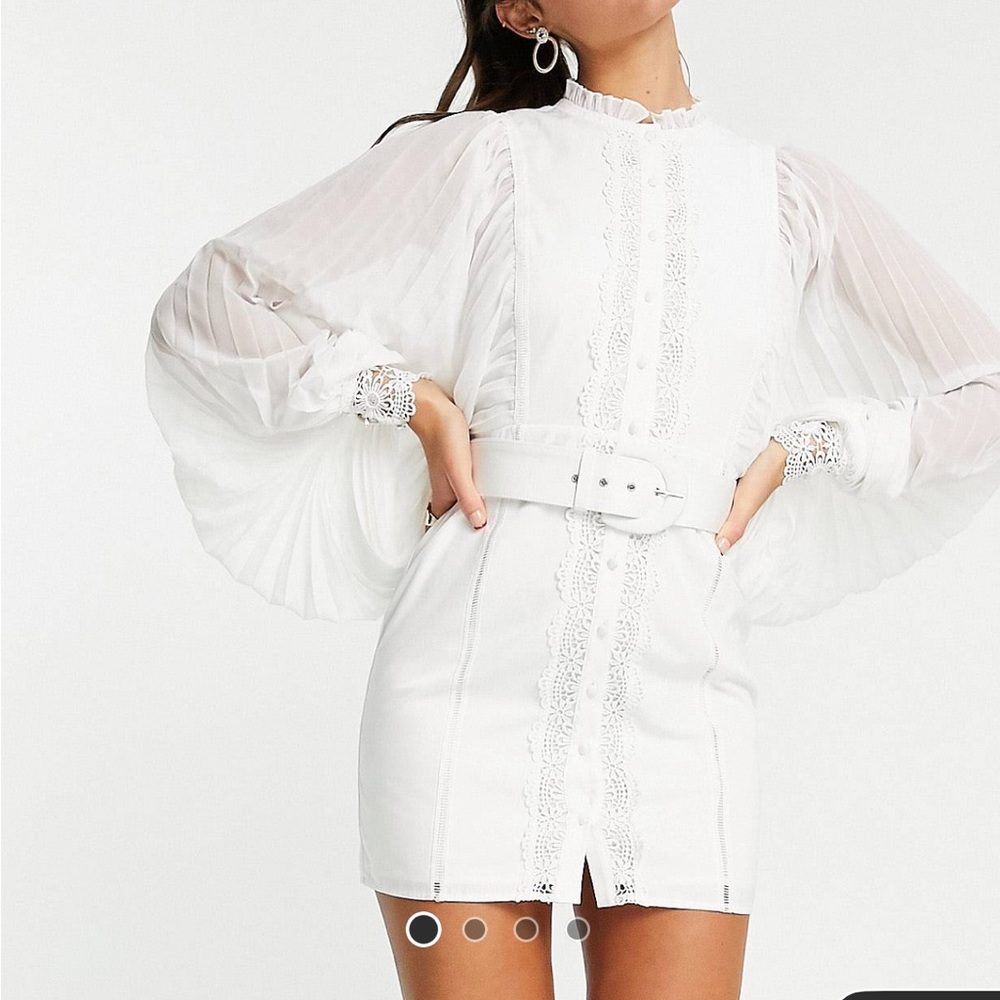 ASOS DESIGN mini dress with pleaded sleeve and guipure lace trim in white